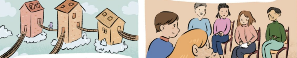 Dessin de trois logements connectés par des passerelles, dans les nuages