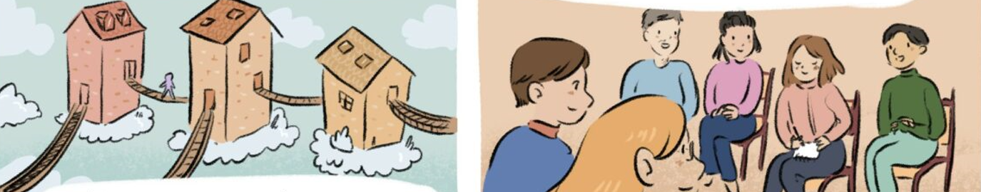 Dessin de trois logements connectés par des passerelles, dans les nuages